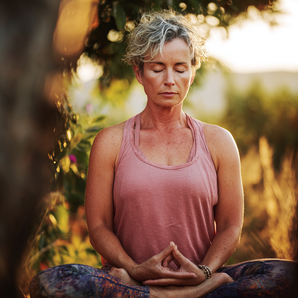Middle-aged woman practicing gentle yoga poses in a peaceful natural setting