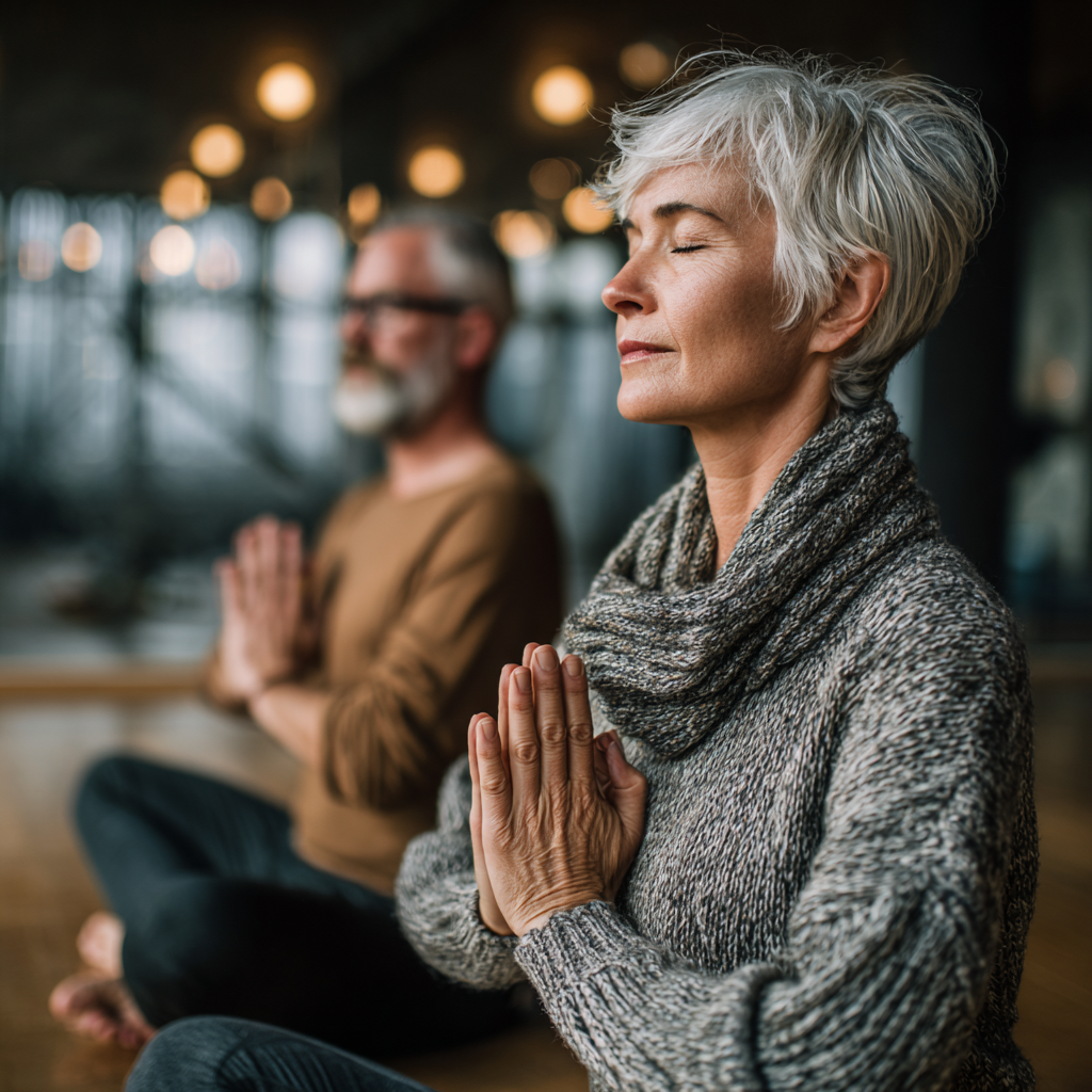 Older adults practicing mindful yoga movements in a serene indoor environment